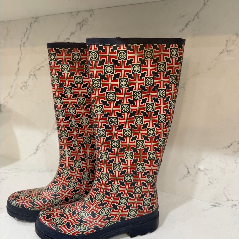 Tory Burch Red and Navy logo rain boot